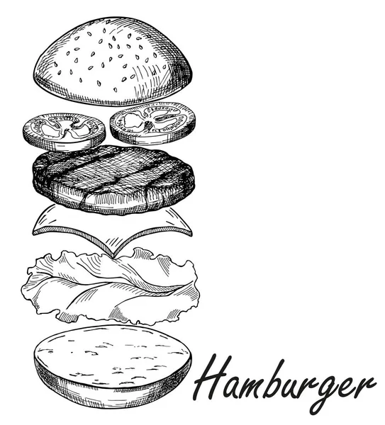 Hamburger Isolated Hand Sketch Burger Include Cutlet Cheese Tomato Salad — Stock Vector