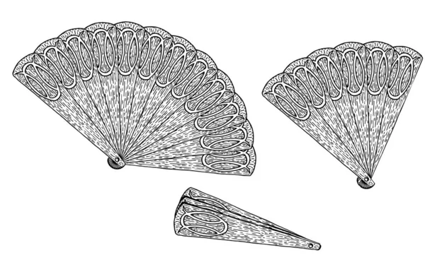 劇場のハンドヘルドファン ベクトル中国語または和紙ファンは 白い背景に隔離されています 開いている 半分開いているおよび閉じられたファン — ストックベクタ