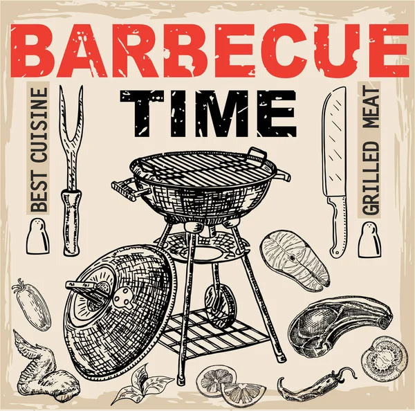 Barbecue Time Barbecue Party Invitation Design Template Hand Drawn Graphic — Stock Vector