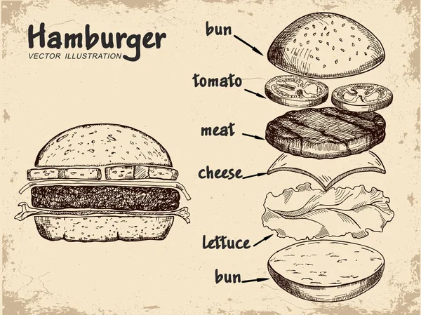 Ingredienti Hamburger Con Carne Formaggio Pomodoro Insalata Panino Lattuga Classico — Vettoriale Stock