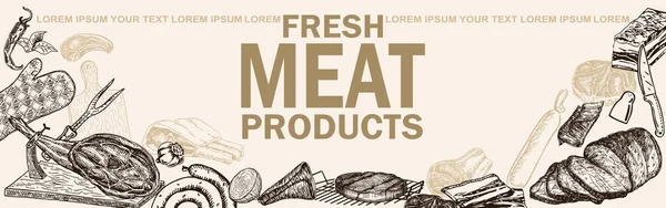 Quadro Mercado Carne Quadro Vista Superior Carne Ilustração Desenhada Mão —  Vetores de Stock