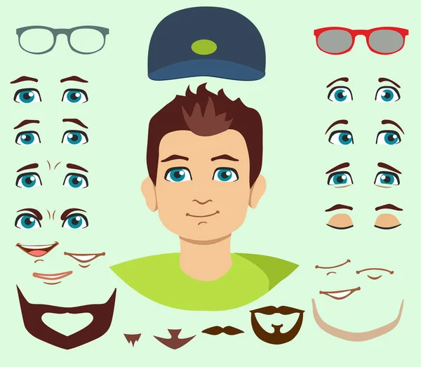 Man Face Emotions Constructor Elements Eyes Glasses Lips Beard Mustache — Stock Vector