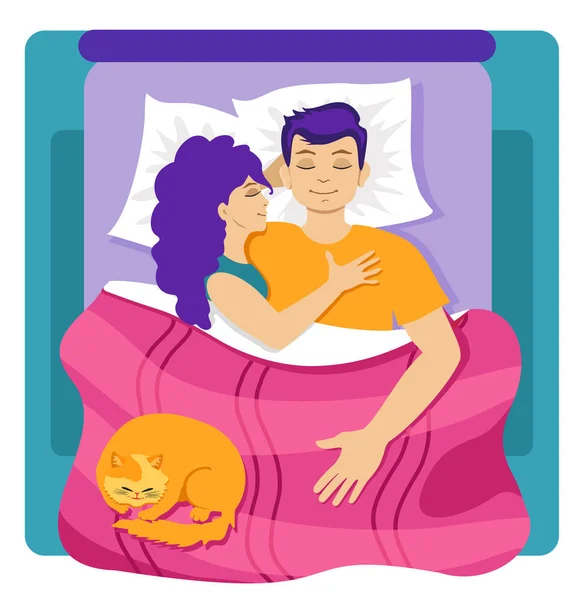 Pár Spí Posteli Láska Ložnici Mladý Muž Žena Kočka Spí — Stockový vektor