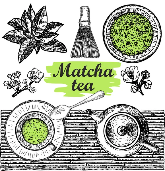 Thé Matcha Thé Vert Cérémonie Japonaise Thé Style Vintage — Image vectorielle