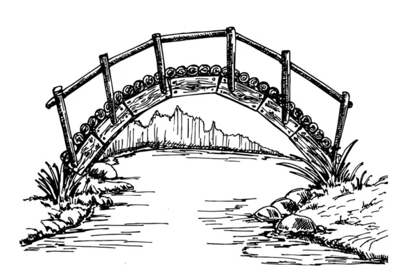 Croquis Pont Bois Paysage Avec Pont Bois Pont Bois Sur — Image vectorielle