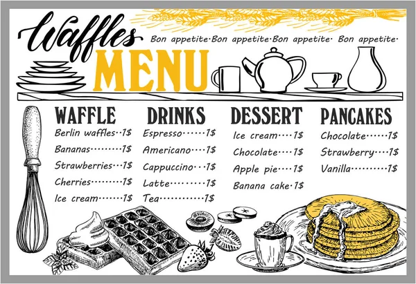 Waffle ve krep restoran menüsü. Bar ve kafe için vektör gözleme gıda el ilanı. Vintage elle çizilmiş çizimler içeren tasarım şablonu.