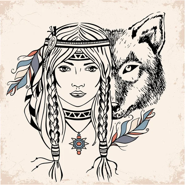 Chica Nativa Americana Con Wolf Grabado Estilo Retro Vintage Boceto — Vector de stock