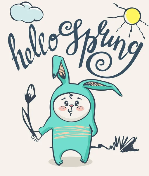 Merhaba bahar kartı ile yazı. Tavşanlı kart. Vektörde metin içeren kavram kartı. 