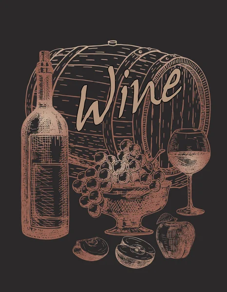 Productos Vinícolas Estilo Sketch Ilustración Vectorial Con Barril Vino Copa — Archivo Imágenes Vectoriales