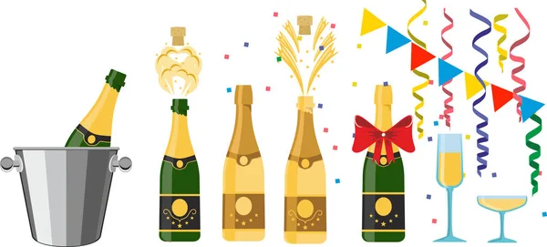 Champagner Party Elemente Champagnerflaschenexplosion Serpentinenbänder Konfetti Und Sektgläser Auf Weißem — Stockvektor