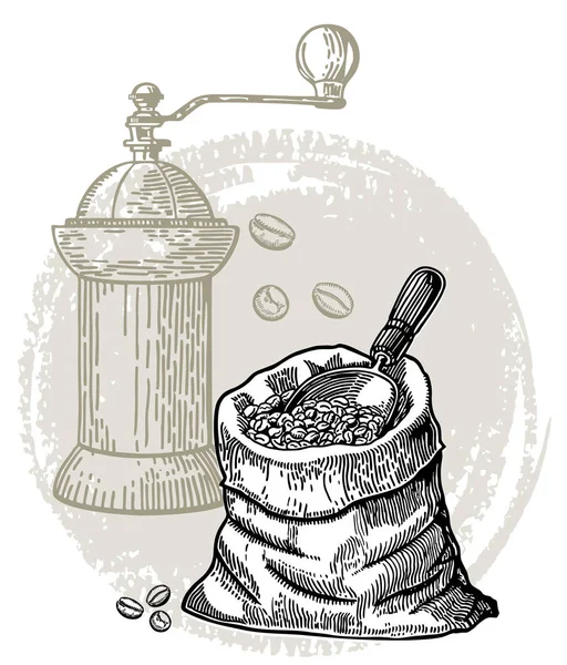 墨水手绘咖啡研磨机插图在老化的背景 复古矢量咖啡插图 手绘复古咖啡背景 — 图库矢量图片