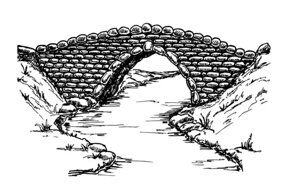 Desenho Paisagem Ponte Ponte Pedra Sobre Rio — Vetor de Stock