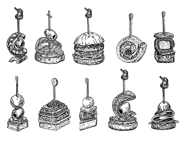タパスとカナッペの画像セット 食品手描きスケッチベクトルイラスト フィンガーフード 串に小さなカナッペのセット クルトン オリーブ チーズ トマトのミニサンドイッチ カナッペスケッチセット — ストックベクタ
