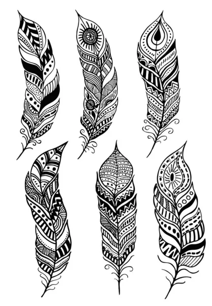 Pena Decorativa Vetorial Design Tribal Tatuagem Artisticamente Desenhado Estilizado Conjunto — Vetor de Stock