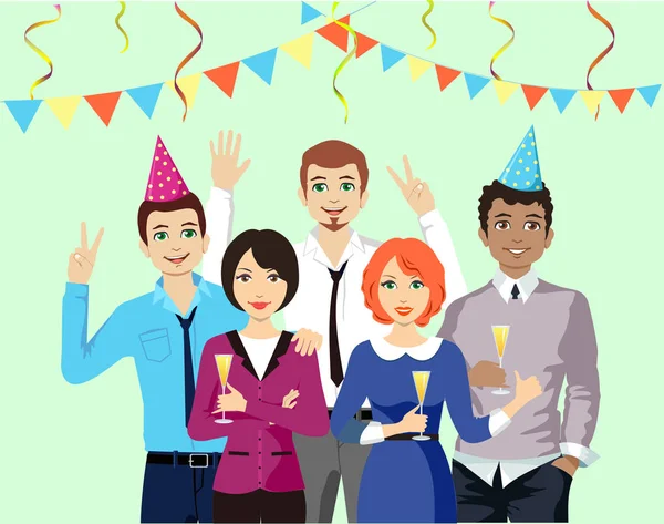 Mutlu erkek ve kadın kutlayan ve şampanya içme bir grup Vektör illüstrasyon