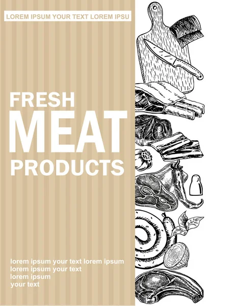 Friss Hústermékek Vektor Steak Hús Kézi Rajz Részletes Élelmiszer Tervezősablont — Stock Vector