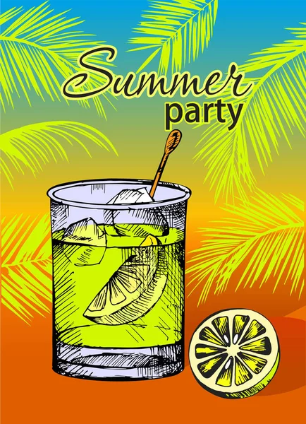 Cocktail Party Summer Poster Alcohol Drinks Blue Background Vector Illustration — Stock Vector