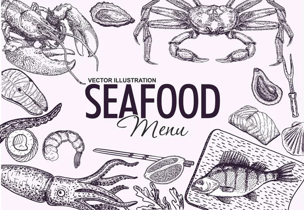 El çizilmiş vektör illüstrasyon deniz gıda. Vintage skeç tarzı. Deniz ürünleri menü tasarımı