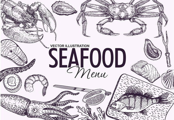 Векторная иллюстрация морепродуктов. Винтажный эскиз. Дизайн меню морепродуктов
