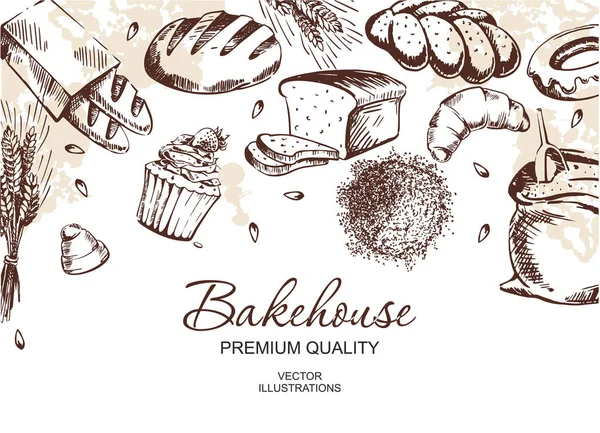 Mürekkep el çizilmiş pişirme illüstrasyon ile vektör kart tasarımı. Ekmek ve hamur işleri kroki ile Vintage şablon. Fırın veya bakehouse menü. 
