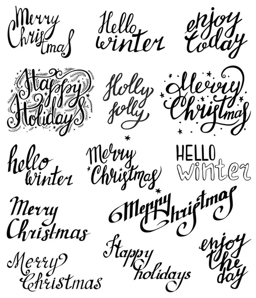 Merry Christmas Happy New Year Eenvoudige Belettering Set Kalligrafie Briefkaart — Stockvector