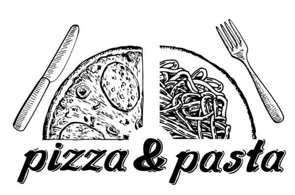 Illustrazione Vettoriale Con Scritte Disegnate Mano Menù Pizza Pasta Elementi — Vettoriale Stock