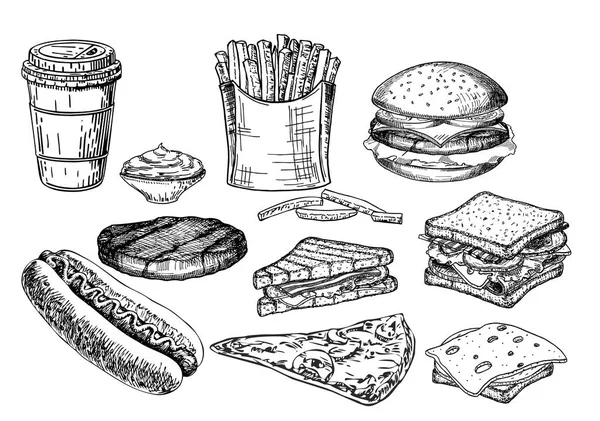 Hızlı yemek seti. Snack koleksiyonu. Hızlı gıda arka plan. Vektör Illustration çizim tarzında. El çizilmiş tasarım elemanları