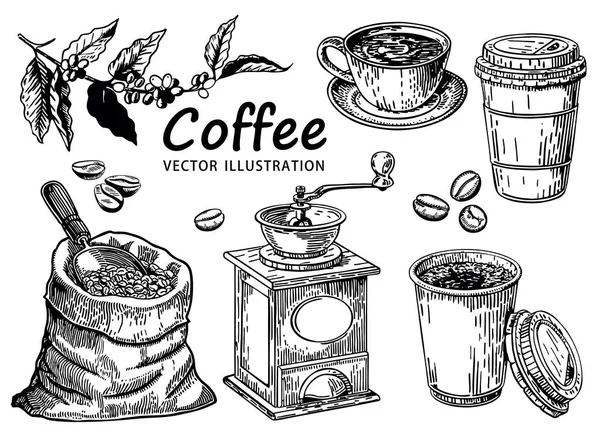 Kaffeset Skiss Kaffeplantage Landskap Kaffekvarn Påse Bönor Kopp Vintage Illustration — Stock vektor