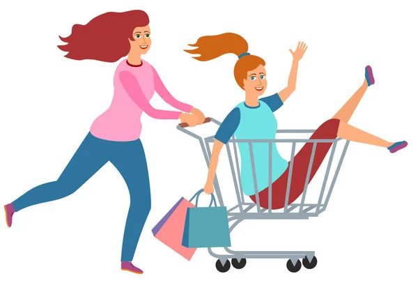 Vector Racen Shopping Trolley Cartoon Illustratie Vrouwen Winkelen Twee Meisjes — Stockvector