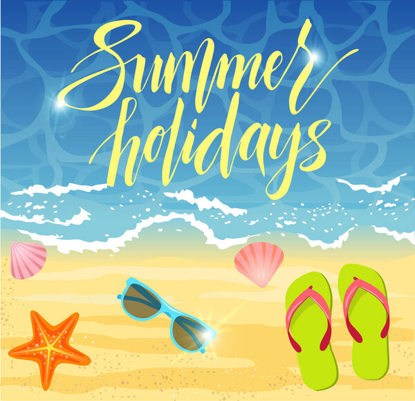 Vector summer background with holiday elements. Summer vector banner design in beach with summer elements. Vector illustration