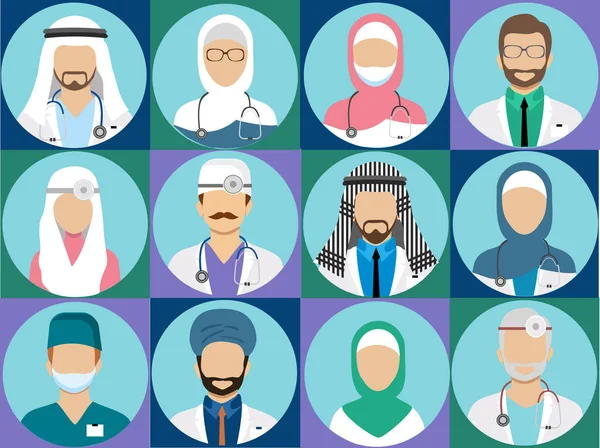 Арабский Медицинский Персонал Готов Исламские Врачи Практикующие Врачи Медицинский Персонал — стоковый вектор