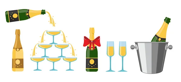 Set Diverse Bottiglie Champagne Con Bicchieri Esplosione Bottiglia Champagne Nastri — Vettoriale Stock