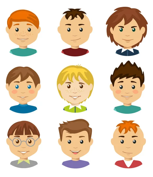 一套儿童男孩头像 一组男性角色 平面插图男士面部 — 图库矢量图片