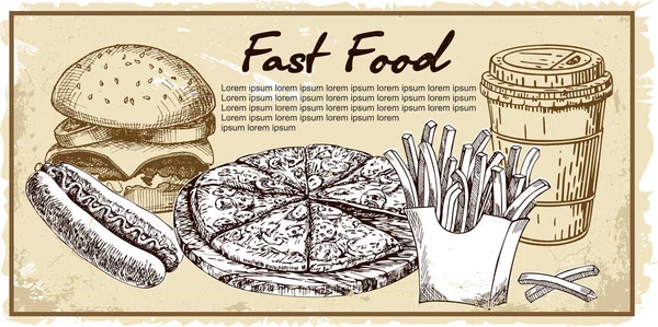 Set Fast Food Illustrazioni Disegnate Mano Sfondo Fast Food Raccolta — Vettoriale Stock