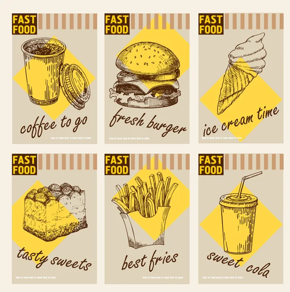 Manifesti Fast Food Disegnati Mano Con Panini Snack Hamburger Patatine — Vettoriale Stock