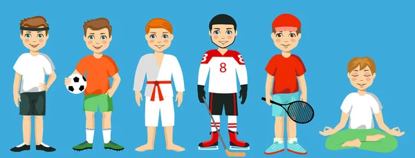 Командные Виды Спорта Детей Включая Футбол Теннис Хоккей Йогу Гимнастику — стоковый вектор