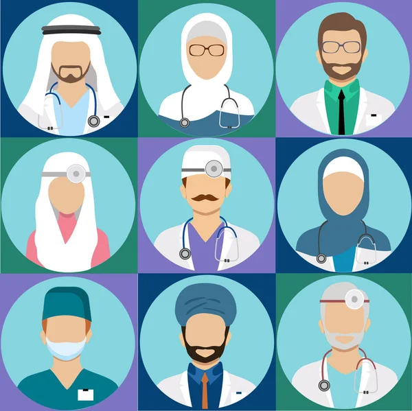 Médicos Avatar Personal Médico Conjunto Iconos Con Médicos Cirujanos Enfermeras — Vector de stock
