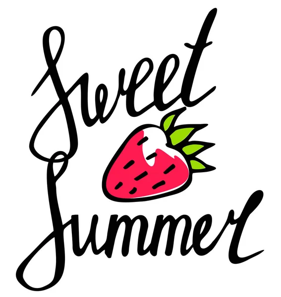 Sweet Summer Typography Illustration Vector Sweet Summer Inscription Strawberries — Stock Vector