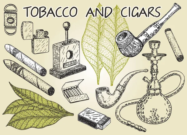 Set Van Vintage Roken Tabak Elementen Waterpijp Lichter Sigaret Sigaar — Stockvector