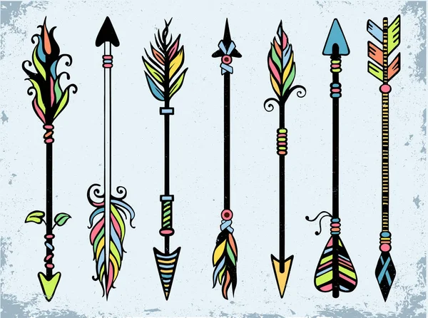 Set Ethnic Arrows Feathers Boho Style Set Five Arrows Tribal — Stock Vector