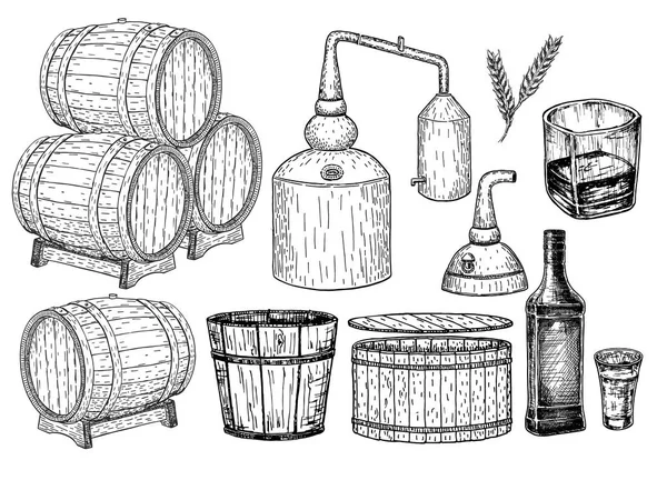 Brennerei Vektor Handgezeichnete Whisky Produktionselemente Whiskey Herstellungsprozess Holzfass Mit Whiskey — Stockvektor