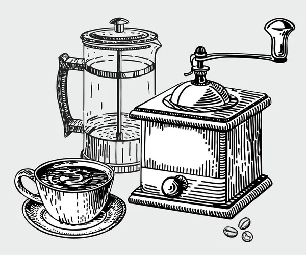 Set Caffè Disegnato Mano Caffettiera Macinino Caffè Manuale Pressa Francese — Vettoriale Stock