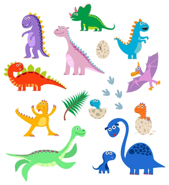 Dinossauros Giros Desenhos Animados Bebê Animais Dinossauro Sorridentes Isolados Fundo —  Vetores de Stock