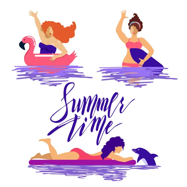 Glücklich Schwimmende Frauen Banner Oder Symbole Vektor Set Illustration Von — Stockvektor