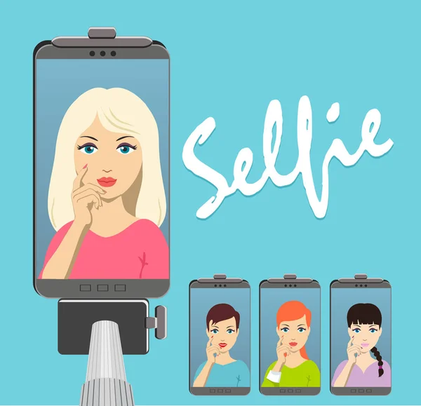 Vector Menina Bonita Faz Selfie Conjunto Selfi —  Vetores de Stock