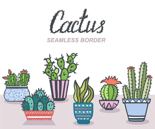 Cactus Cactussen Bloemen Patroon Naadloze Rand Met Cactus Vetplanten Hand — Stockvector