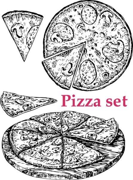 Italská Pizza Ruka Kreslené Ruky Kousky Pizzy Kruhu Šablona Návrhu — Stockový vektor