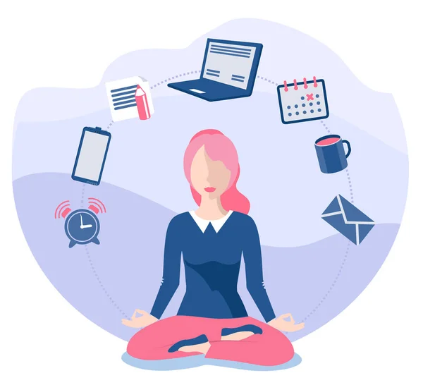 商务瑜伽概念 办公室禅放松集中在工作空间表瑜伽练习矢量插图 业务集中瑜伽 冥想禅宗姿势 商务女性坐着冥想 — 图库矢量图片