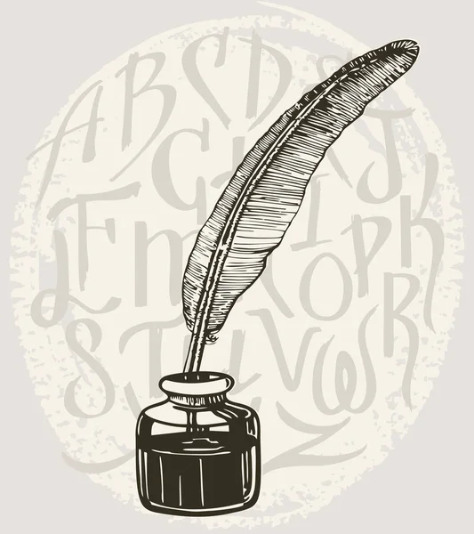 Винтажная Ручка Письма Гусиное Перо Ручка Чернильница Использовано Идея Татуировки — стоковый вектор