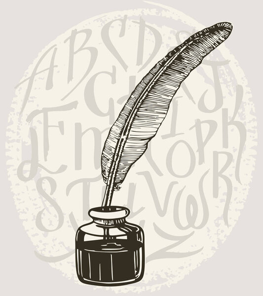 Vintage pen for writing. Goose feather. Pen and inkwell. It can be used as an idea for a tattoo. Alphabet brush background. Graphic illustration